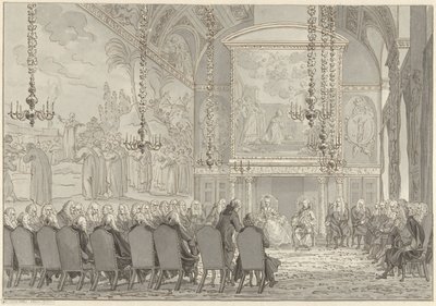 Recepción del Príncipe Guillermo V y Guillermina de Prusia en la Sala del Consejo del Ayuntamiento de Amsterdam de Reinier Vinkeles (I)