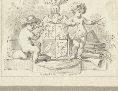 Dos putti, con brújula y aesculap, en el escudo de armas de la familia Schoemaker de Reinier Vinkeles (I)