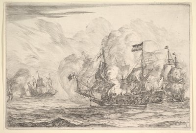 Encuentro naval con tres barcos a la derecha, de Batallas Navales Nieuwe Scheeps Bat de Reinier Zeeman