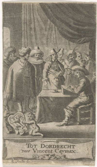Comerciante en el escritorio Página de título para: J. van der Does e.a., Verscheyde voyagien, ofte reysen, 1652 de Reinier van Persijn
