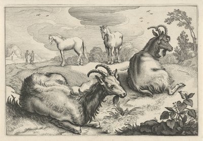 Paisaje con dos cabras y dos caballos. Diversa Animalia Quadrupedia (título de la serie) de Reinier van Persijn