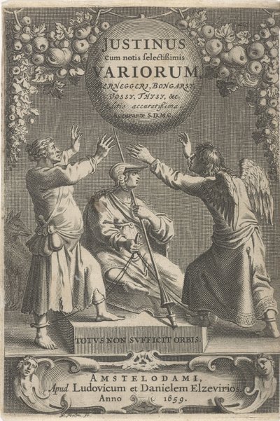 Minerva en twee geketende figuren Titelpagina voor: A. Thysius, Justinus cum notis selectissimis variorum Berneggerj, Bongarsy, Vossy, Thysy, &c, 1659 de Reinier van Persijn