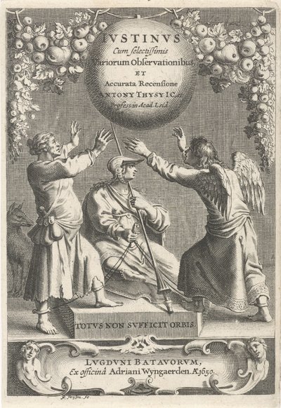 Minerva en twee geketende figuren Titelpagina voor: A. Thysius, Justinus con las diversas observaciones más seleccionadas y una revisión detallada, 1650 de Reinier van Persijn