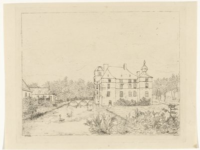 Vista lateral del castillo de Cannenburch con casas en el puente de entrada de Reinierus Albertus Ludovicus baron van Isendoorn à Blois