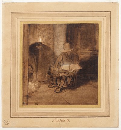 Interior, con un hombre sentado junto al fuego, leyendo a la luz de una lámpara (anverso) de Rembrandt Harmensz. van Rijn (circle of)