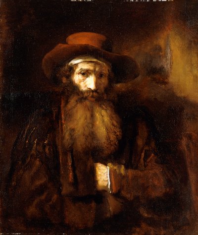 Un anciano con barba, con abrigo marrón y sombrero rojizo de Rembrandt van Rijn