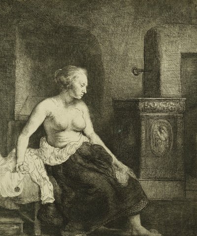 Una mujer sentada medio vestida junto a una estufa, 1658 de Rembrandt van Rijn
