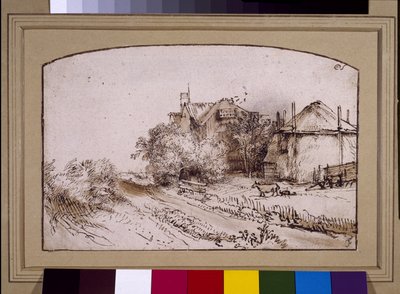 Un pajar cerca de una granja de Rembrandt Harmensz. van Rijn