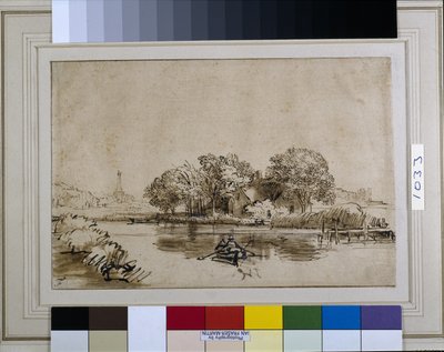 Un hombre remando un bote en el Bullewijk, con vista hacia Ouderkerk, c.1650 de Rembrandt Harmensz. van Rijn