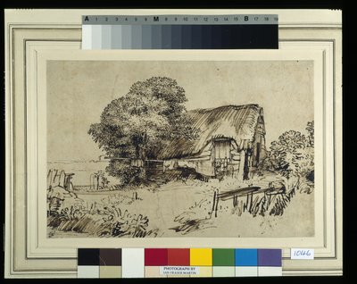 Una cabaña con techo de paja junto a un gran árbol, una figura sentada afuera, c.1648-52 de Rembrandt Harmensz. van Rijn