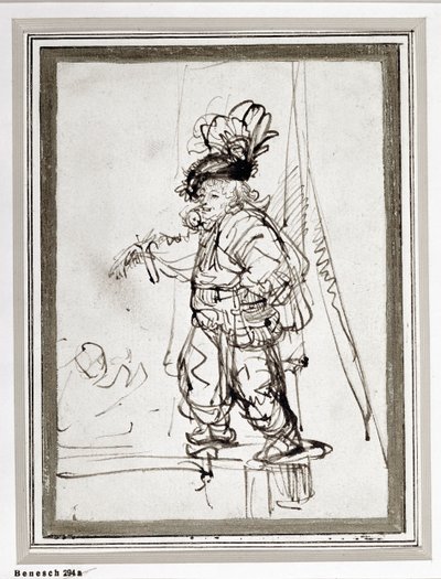 Actor con un loro. Dibujo a pluma y tinta (dibujo) de Rembrandt Harmensz. van Rijn