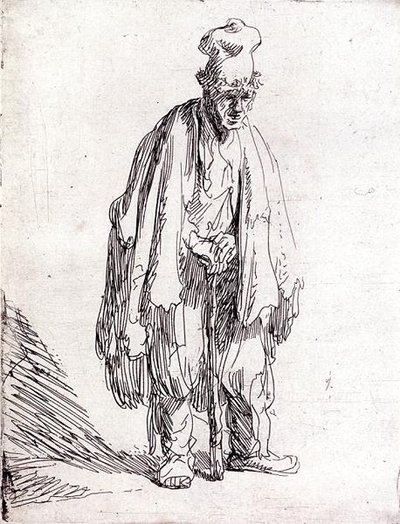 Mendigo con gorro alto de pie de Rembrandt Harmensz. van Rijn