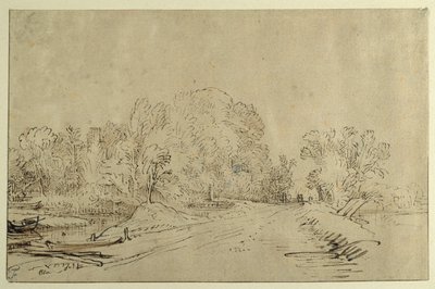 Canal con barcos, un camino de dique y árboles de Rembrandt Harmensz. van Rijn