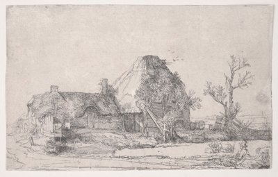 Cabaña y edificios de granja con un hombre dibujando, c.1645 de Rembrandt van Rijn