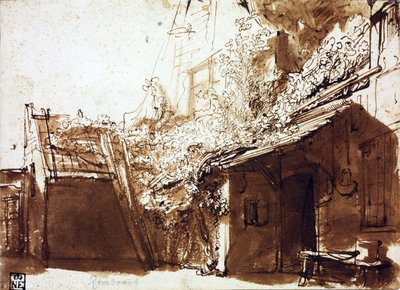 Granja con luces y sombras - Rembrandt van Rhijn (1606-1669) - 1635-1636 - Pluma, pincel, color marrón sobre papel - 16,2x22,5 cm - Szepmuveszeti Muzeum, Budapest de Rembrandt Harmensz. van Rijn