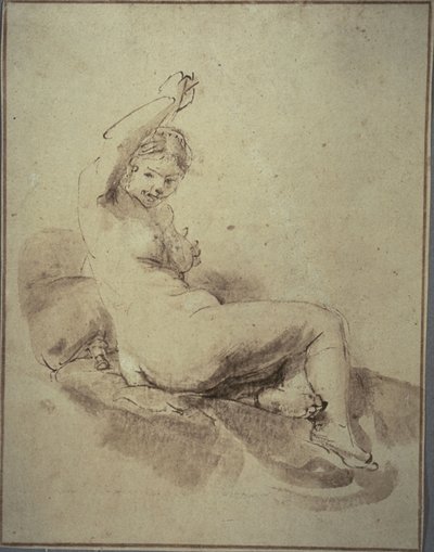 Desnudo femenino recostado con el brazo levantado, c.1665 (pluma y tinta marrón y pincel y aguada marrón, sobre papel verjurado canela) de Rembrandt Harmensz. van Rijn