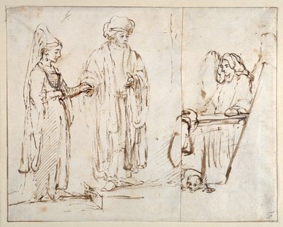 Labán lleva a Lea a Jacob, con Jacob superpuesto por un fragmento de otro dibujo; un ángel con un perro acostado a sus pies de Rembrandt Harmensz. van Rijn