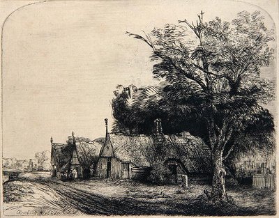 Paisaje con tres cabañas de Rembrandt Harmensz. van Rijn