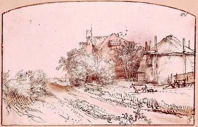 Paisaje con una cabaña y un granero de heno de Rembrandt Harmensz. van Rijn