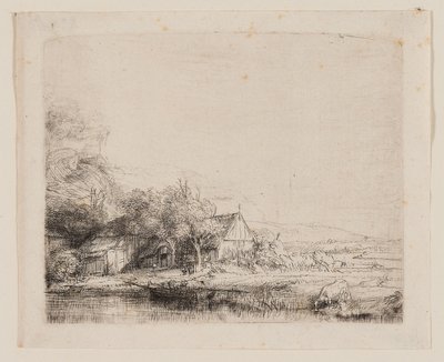 Paisaje con una vaca bebiendo, c.1650 (aguafuerte y punta seca sobre papel verjurado marfil) de Rembrandt Harmensz. van Rijn
