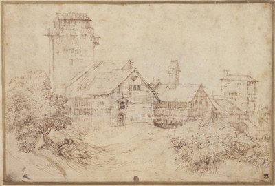 Paisaje con edificios y amantes, abrazándose, después de Tiziano de Rembrandt Harmensz. van Rijn