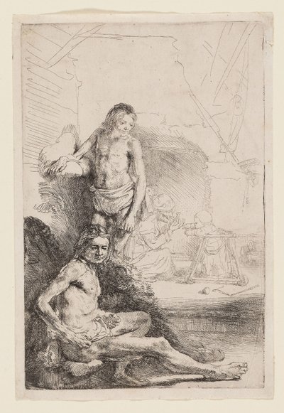 Desnudo masculino sentado y de pie, c.1646 (aguafuerte sobre papel verjurado marfil) de Rembrandt Harmensz. van Rijn