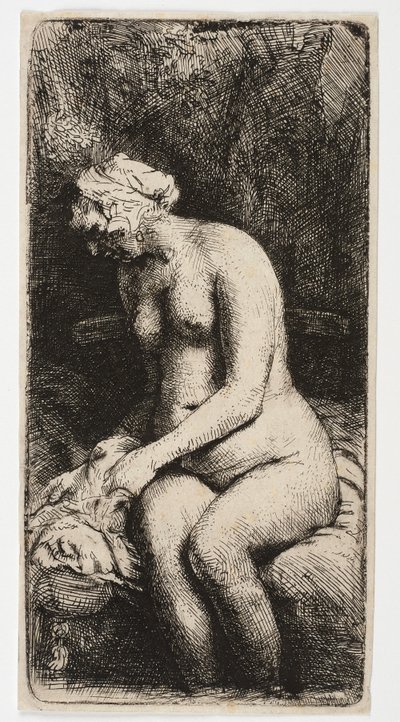 Mujer desnuda sentada con los pies en el agua de Rembrandt Harmensz. van Rijn