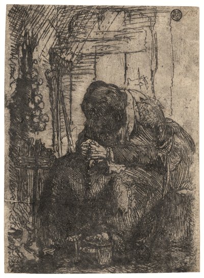 Anciana sentada en una cabaña con una ristra de cebollas en la pared, c. 1629 (aguafuerte) de Rembrandt Harmensz. van Rijn