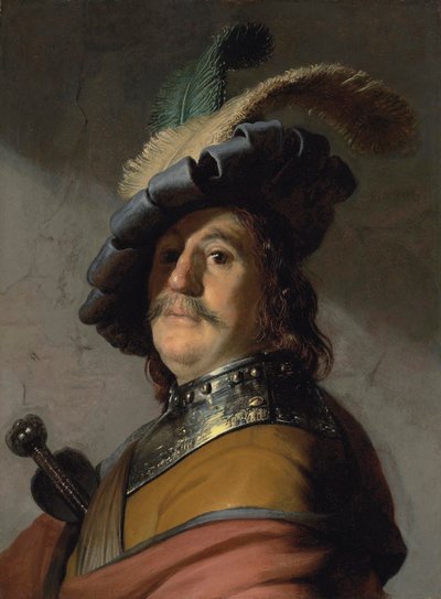 Retrato de hombre con peto y boina emplumada - Pintura de Rembrandt van Rijn (1606-1669) de Rembrandt Harmensz. van Rijn