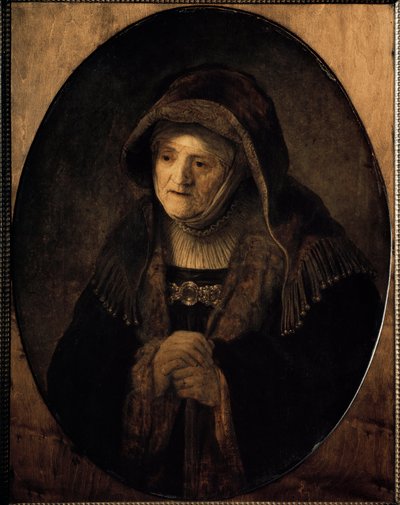 Retrato de la madre del artista apoyada en su bastón de Rembrandt van Rijn