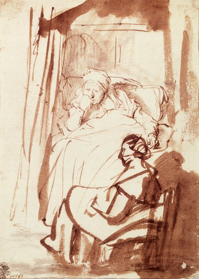 Saskia acostada en la cama, una mujer sentada a sus pies de Rembrandt Harmensz. van Rijn