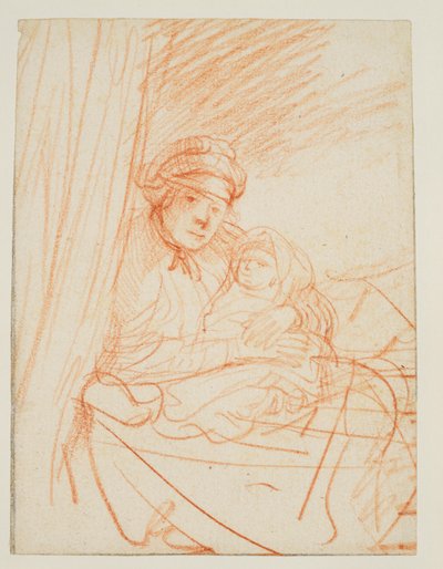 Saskia sentada en la cama, sosteniendo a un niño, 1635 circa de Rembrandt van Rijn