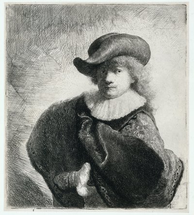 Autorretrato con sombrero suave y capa estampada de Rembrandt Harmensz. van Rijn