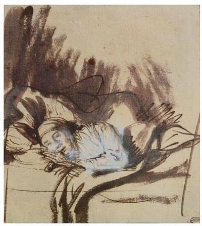 Mujer enferma en una cama, tal vez Saskia, esposa del pintor. de Rembrandt Harmensz. van Rijn
