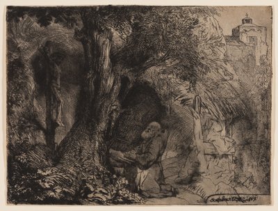 San Francisco rezando bajo un árbol de Rembrandt Harmensz. van Rijn
