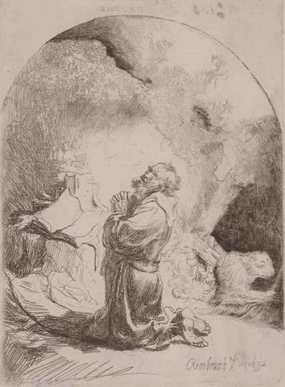 San Jerónimo rezando: Impresión arqueada de Rembrandt van Rijn