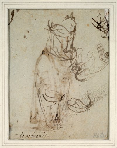 Estudios de un tocado alto; y de una cabeza invertida del recto de Rembrandt Harmensz. van Rijn