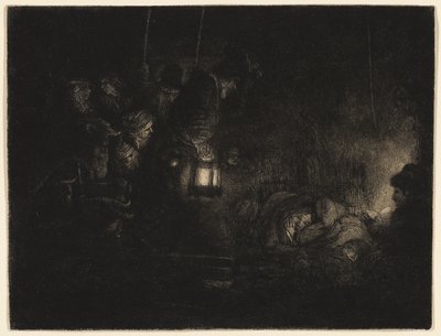 La Adoración de los pastores: Una pieza nocturna, c.1657 (aguafuerte, punta seca y buril en negro sobre papel verjurado de marfil) de Rembrandt Harmensz. van Rijn