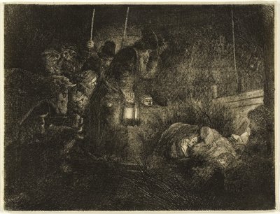 La Adoración de los pastores: Una pieza nocturna, c.1657 (aguafuerte sobre papel) de Rembrandt Harmensz. van Rijn