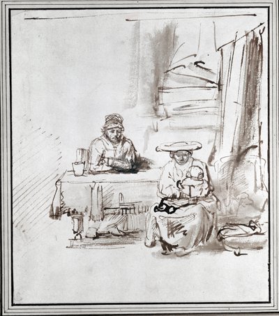 La Sagrada Familia. Dibujo a pluma y tinta (dibujo) de Rembrandt Harmensz. van Rijn