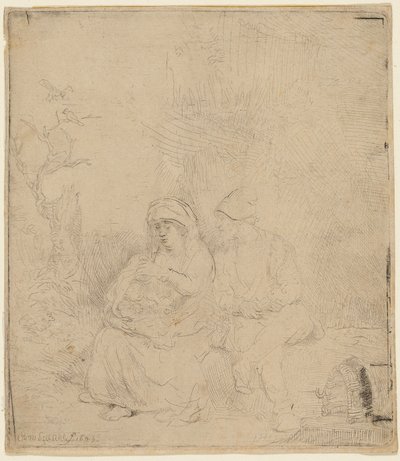 El Descanso en la Huida a Egipto: Ligeramente grabado de Rembrandt Harmensz. van Rijn