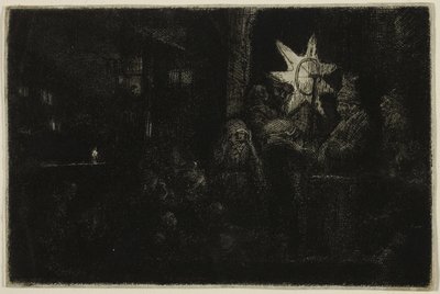 La Estrella de los Reyes: Una pieza nocturna, c.1651 (aguafuerte, punta seca y grabado sobre papel verjurado de marfil) de Rembrandt Harmensz. van Rijn