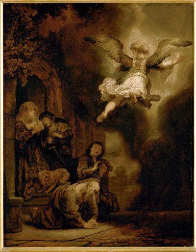 El arcángel Rafael deja a la familia de Tobit ... de Rembrandt Harmensz. van Rijn