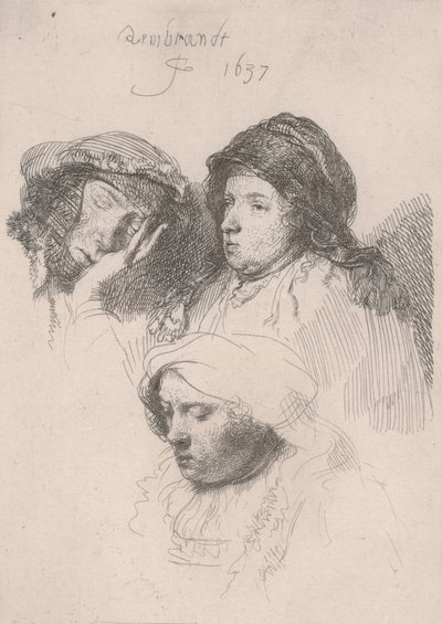 Tres cabezas de mujeres, una dormida de Rembrandt van Rijn