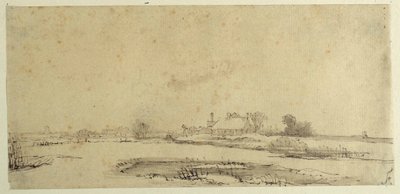 Agua, prados y una granja de Rembrandt Harmensz. van Rijn
