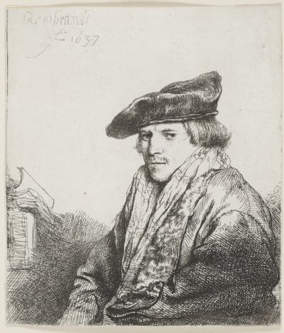 Joven con gorra de terciopelo con libros a su lado de Rembrandt van Rijn