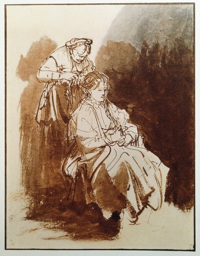 Joven mujer en su tocador. El cabello de una vieja doncella. de Rembrandt van Rijn
