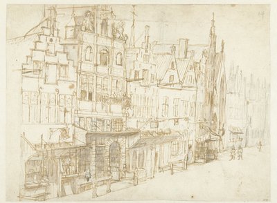Vista de una hilera de casas en una ciudad de Rembrandt van Rijn (school of)
