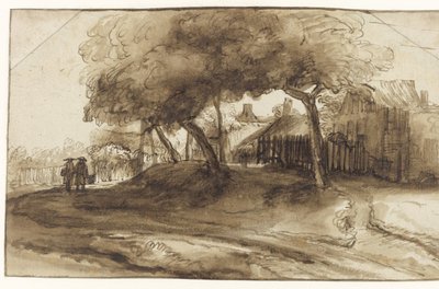 Casas y árboles en un dique de Rembrandt van Rijn (school of)