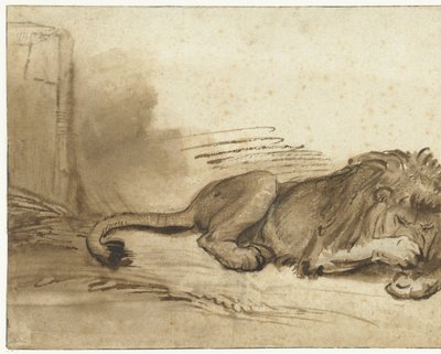 León reclinado con la pata delantera sobre el hocico de Rembrandt van Rijn (school of)